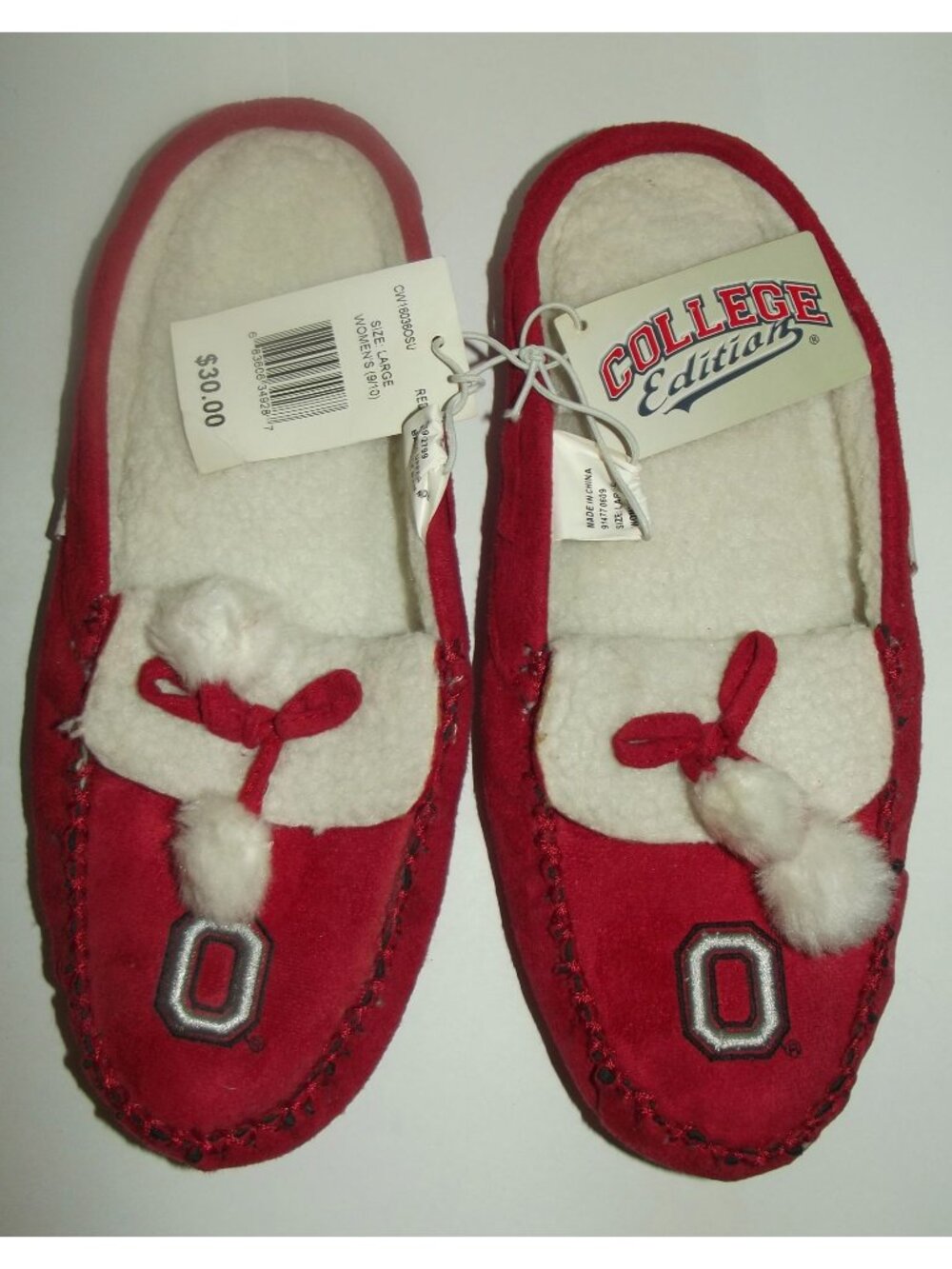 OSU Slippers Womens Large 9 10 red moccasin sherpa lined House Shoes slides pom